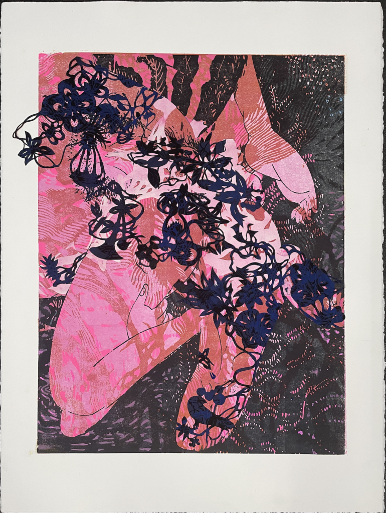 Fred H.C.Liang, Crescent Edge II, 2024, Gouache, 4 block woodcut, paper cut, 30 x 22 inches